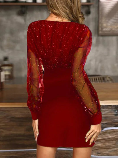 Mesh V-Neck Sequined Long-Sleeved Slim Dress for Women - Shello's Creative Boutique