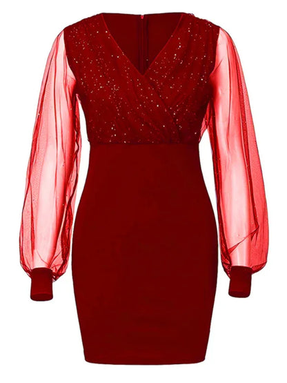Mesh V-Neck Sequined Long-Sleeved Slim Dress for Women - Shello's Creative Boutique