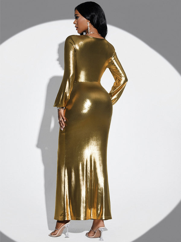 Solid Color Twist Long Sleeve Slit Dress Shello's Creative Boutique