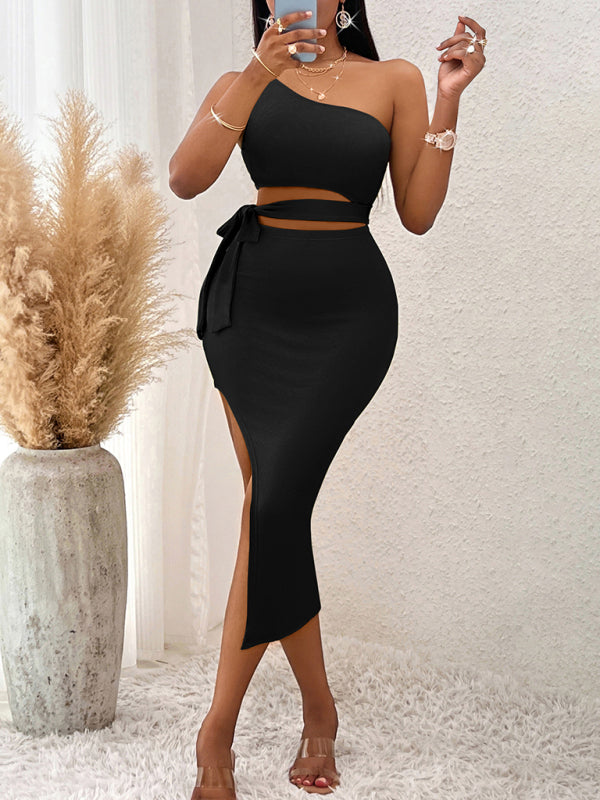 Casual solid color slope neck tied waist knitted hip dress Shello's Creative Boutique