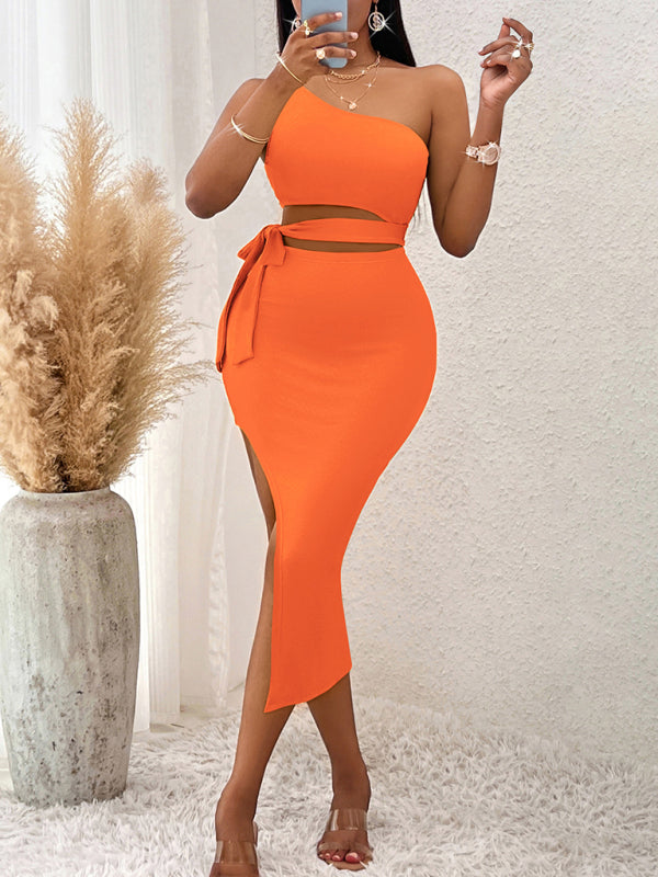 Casual solid color slope neck tied waist knitted hip dress Shello's Creative Boutique