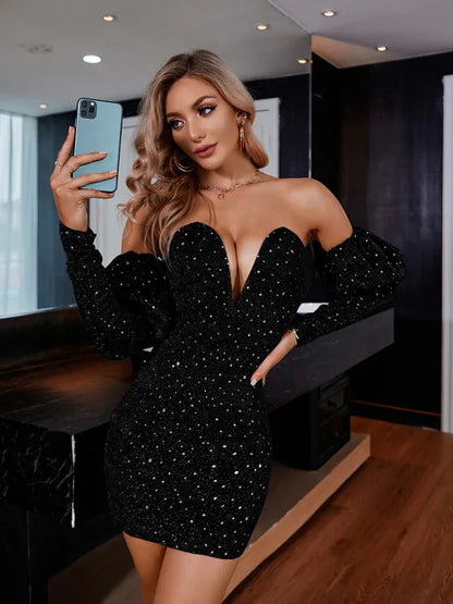 Sexy Chest-Wrapped Short Skirt Starry Sky Deep V Drop Shoulder Fashion Hot Girl Dress - Shello's Creative Boutique