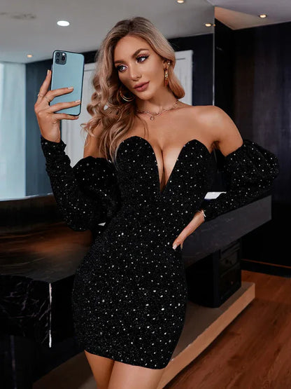 Sexy Chest-Wrapped Short Skirt Starry Sky Deep V Drop Shoulder Fashion Hot Girl Dress - Shello's Creative Boutique