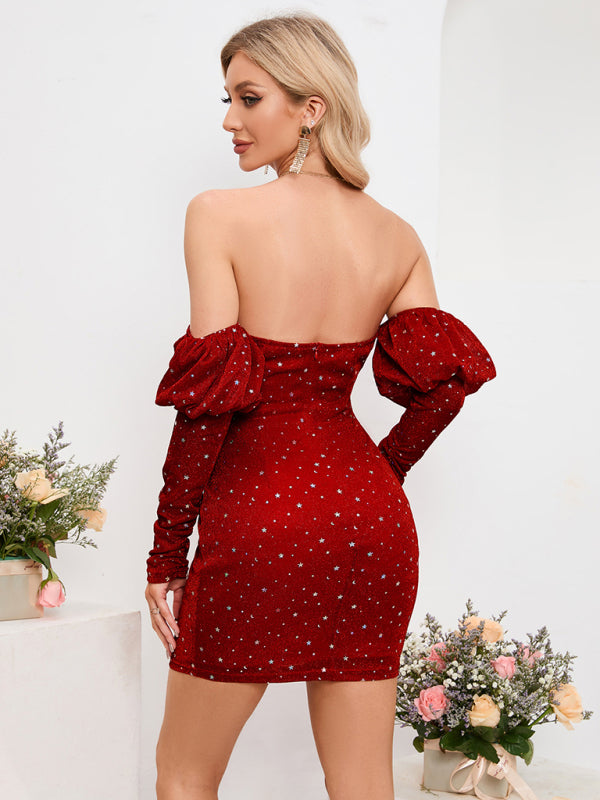 Women's Sexy Chest Wrapped Short Skirt Starry Sky Deep V Drop Shoulder Fashion Hot Girl Dress Shello Creative Boutique