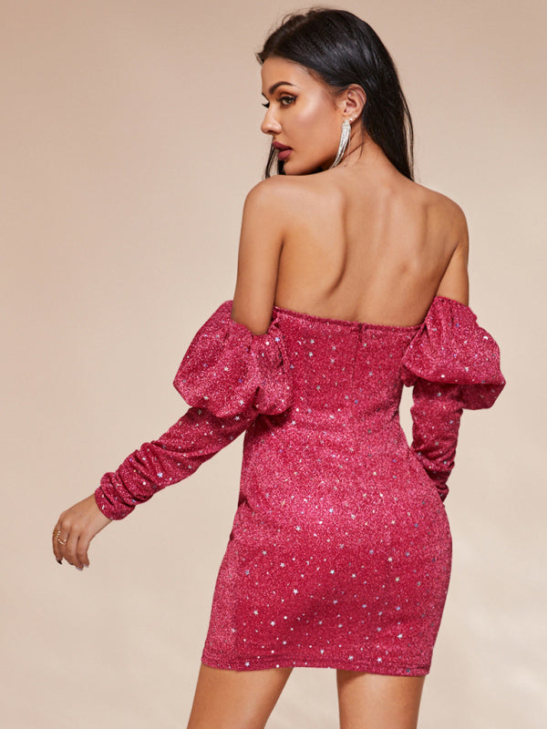 Women's Sexy Chest Wrapped Short Skirt Starry Sky Deep V Drop Shoulder Fashion Hot Girl Dress Shello Creative Boutique