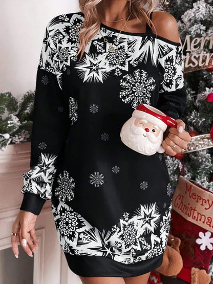 Women's Christmas Printed Off-Shoulder Autumn and Winter Dress – Shello Creative Boutique - Shello's Creative Boutique