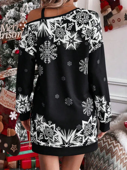Women's Christmas Printed Off-Shoulder Autumn and Winter Dress – Shello Creative Boutique - Shello's Creative Boutique