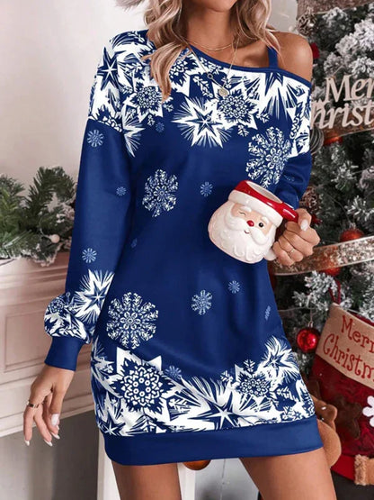 Women's Christmas Printed Off-Shoulder Autumn and Winter Dress – Shello Creative Boutique - Shello's Creative Boutique