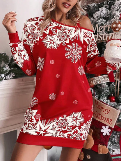 Women's Christmas Printed Off-Shoulder Autumn and Winter Dress – Shello Creative Boutique - Shello's Creative Boutique