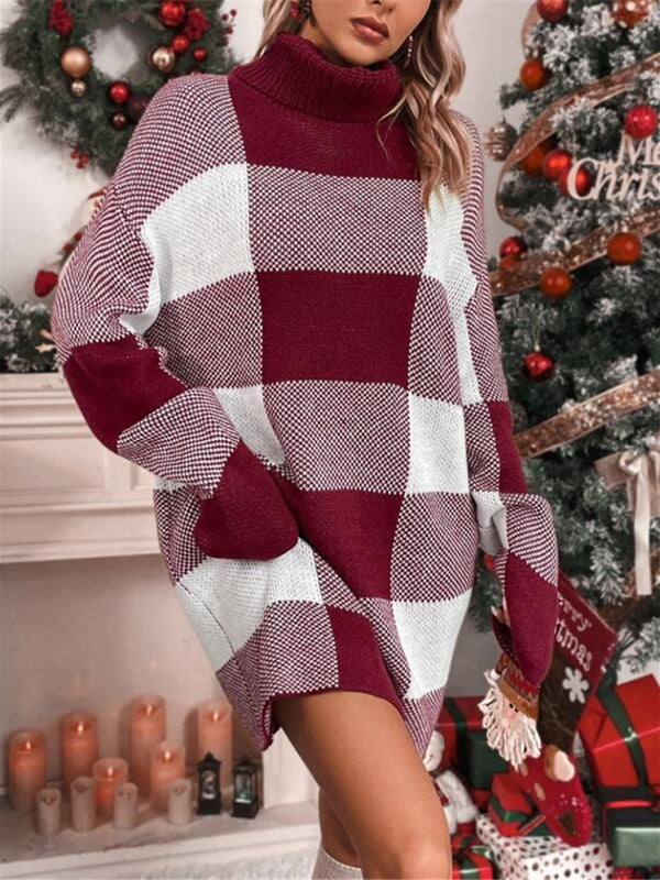 Christmas turtleneck loose slimming plaid contrast sweater dress Shello's Creative Boutique