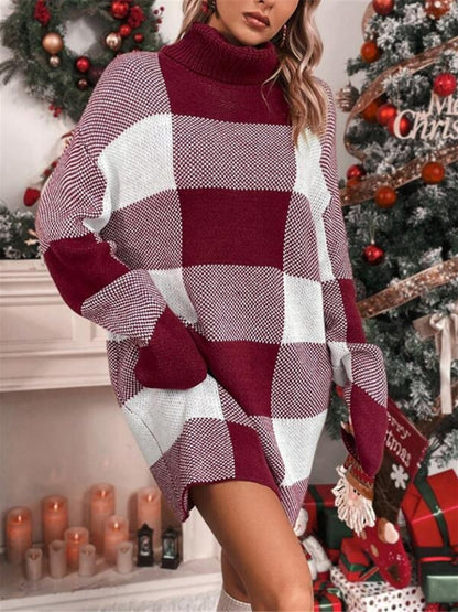 Christmas turtleneck loose slimming plaid contrast sweater dress Shello's Creative Boutique