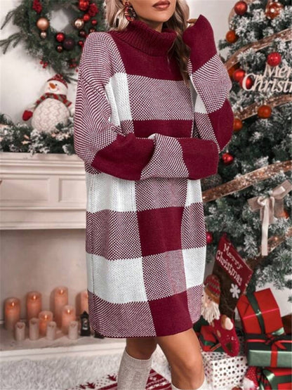 Christmas turtleneck loose slimming plaid contrast sweater dress Shello's Creative Boutique