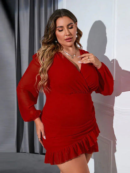 Plus Size V-Neck Long-Sleeved Chiffon Dress - Shello's Creative Boutique