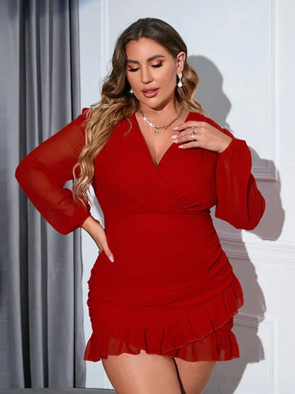 Plus Size V-Neck Long-Sleeved Chiffon Dress - Shello's Creative Boutique