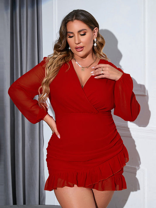 Plus size V-neck long-sleeved chiffon dress Shello Creative Boutique