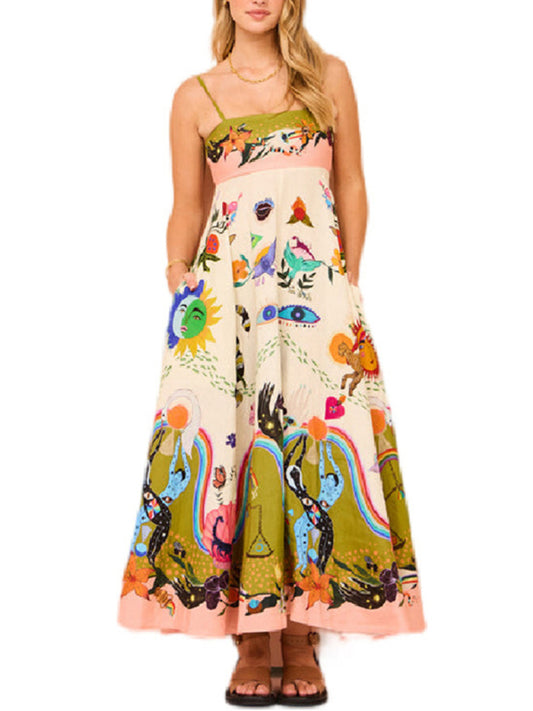 Women's New Sexy Cotton and Linen Suspender Graffiti Print Sleeveless Swing Dress Shello's Creative Boutique