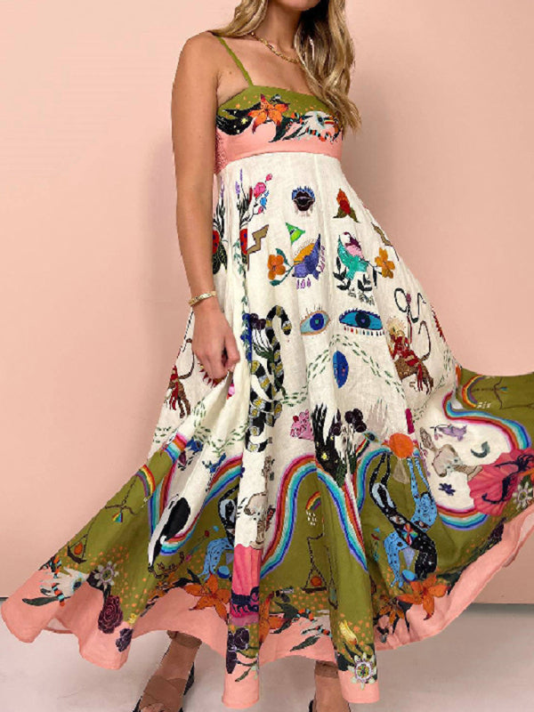 Women's New Sexy Cotton and Linen Suspender Graffiti Print Sleeveless Swing Dress Shello's Creative Boutique