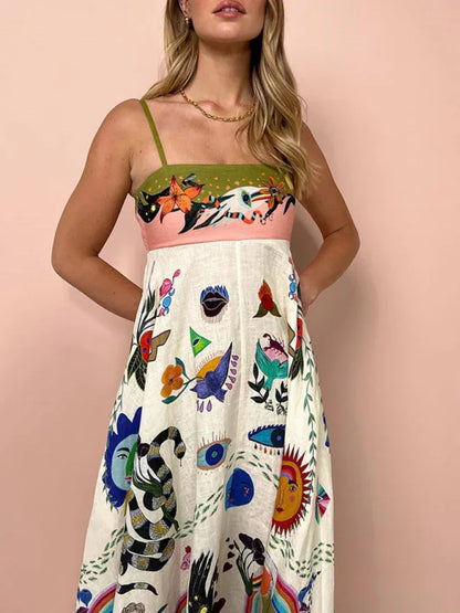 New Sexy Cotton Linen Swing Dress with Graffiti Print and Sleeveless Design - Shello's Creative Boutique