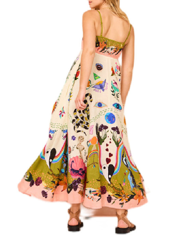 Women's New Sexy Cotton and Linen Suspender Graffiti Print Sleeveless Swing Dress Shello's Creative Boutique