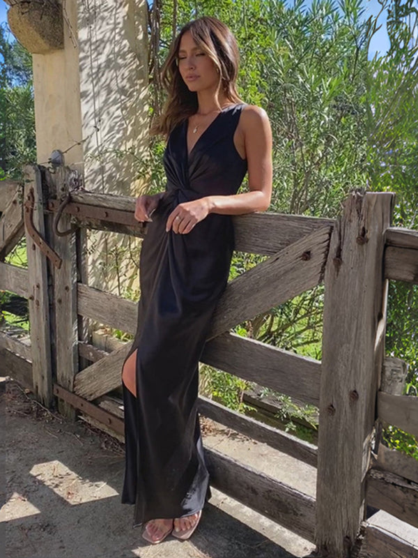 Women's V-neck knotted pleated sleeveless dress Shello Creative Boutique