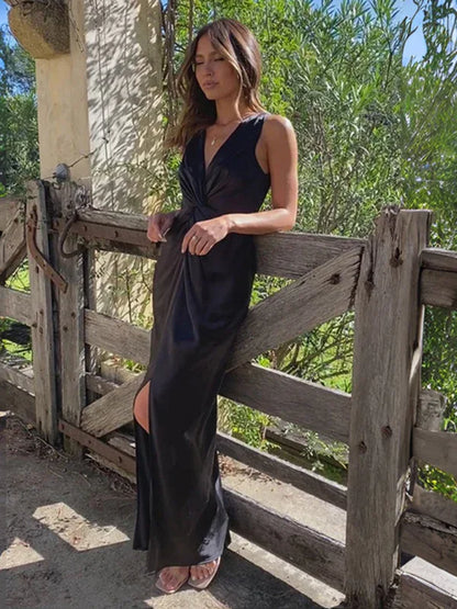 Women's V-Neck Knotted Pleated Sleeveless Dress | Elegant & Timeless Fashion - Shello's Creative Boutique