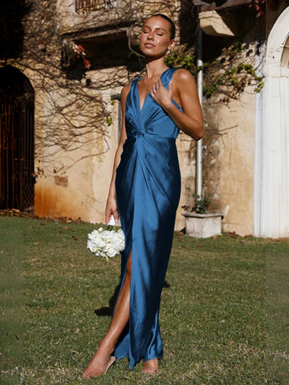 Women's V-Neck Knotted Pleated Sleeveless Dress | Elegant & Timeless Fashion - Shello's Creative Boutique