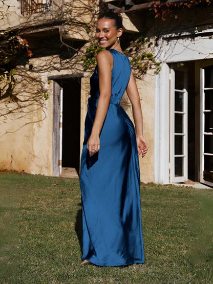 Women's V-Neck Knotted Pleated Sleeveless Dress | Elegant & Timeless Fashion - Shello's Creative Boutique