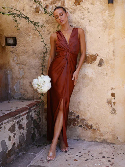 Women's V-Neck Knotted Pleated Sleeveless Dress | Elegant & Timeless Fashion - Shello's Creative Boutique