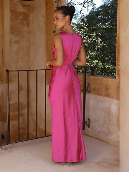 Women's V-Neck Knotted Pleated Sleeveless Dress | Elegant & Timeless Fashion - Shello's Creative Boutique