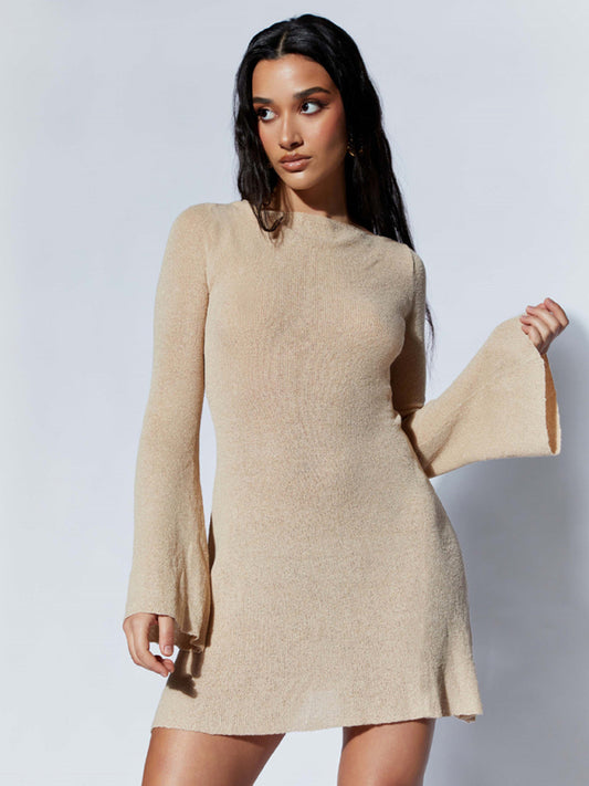 Women's bell sleeves backless striped slim knitted dress Shello's Creative Boutique