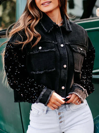 Women's Sequined Short Denim Jacket - Shello's Creative Boutique