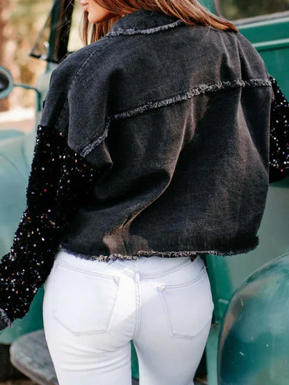 Women's Sequined Short Denim Jacket - Shello's Creative Boutique
