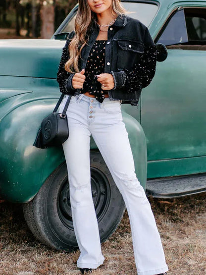 Women's Sequined Short Denim Jacket - Shello's Creative Boutique