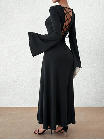 Women's Backless Lace-Up Bell Sleeve Dress – Effortless Elegance for Every Season - Shello's Creative Boutique