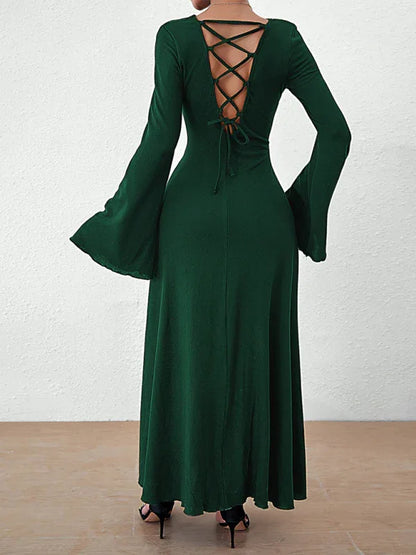 Women's Backless Lace-Up Bell Sleeve Dress – Effortless Elegance for Every Season - Shello's Creative Boutique