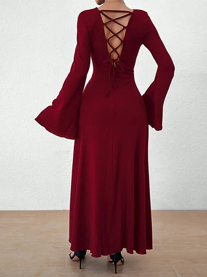 Women's Backless Lace-Up Bell Sleeve Dress – Effortless Elegance for Every Season - Shello's Creative Boutique