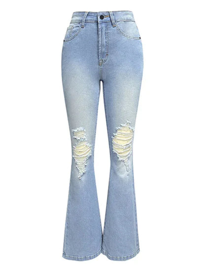 Women's Washed Ripped High-Waisted Wide-Leg Denim Trousers - Shello's Creative Boutique