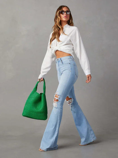 Women's Washed Ripped High-Waisted Wide-Leg Denim Trousers - Shello's Creative Boutique