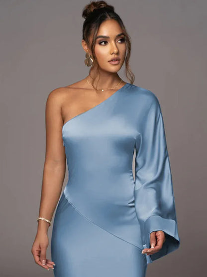 Sexy Satin One-Shoulder Dress with Stitching, Diagonal Collar, and Exposed Backpack Hip Design - Shello's Creative Boutique