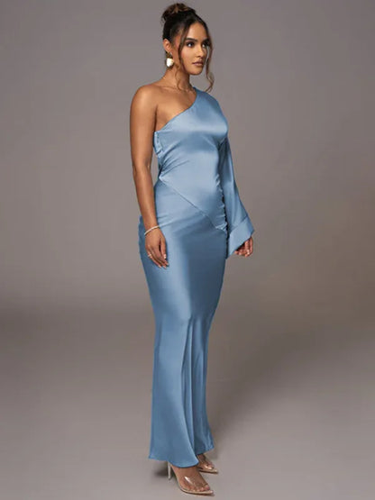 Sexy Satin One-Shoulder Dress with Stitching, Diagonal Collar, and Exposed Backpack Hip Design - Shello's Creative Boutique