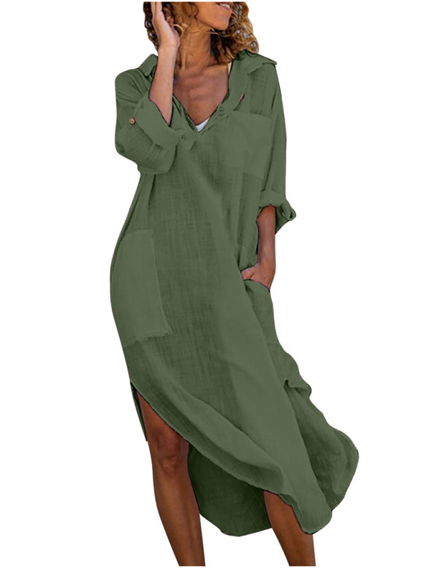 Solid color buttoned slit loose breathable casual long shirt dress Shello's Creative Boutique