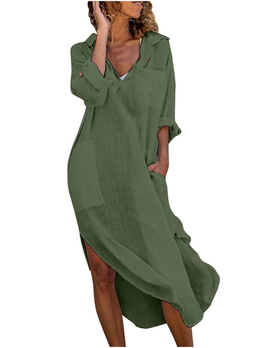 Solid color buttoned slit loose breathable casual long shirt dress Shello's Creative Boutique