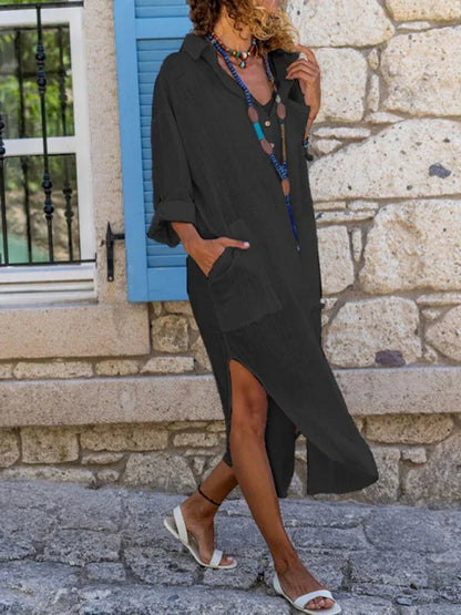 Solid Colour Buttoned Slit Loose Breathable Casual Long Shirt Dress - Shello's Creative Boutique