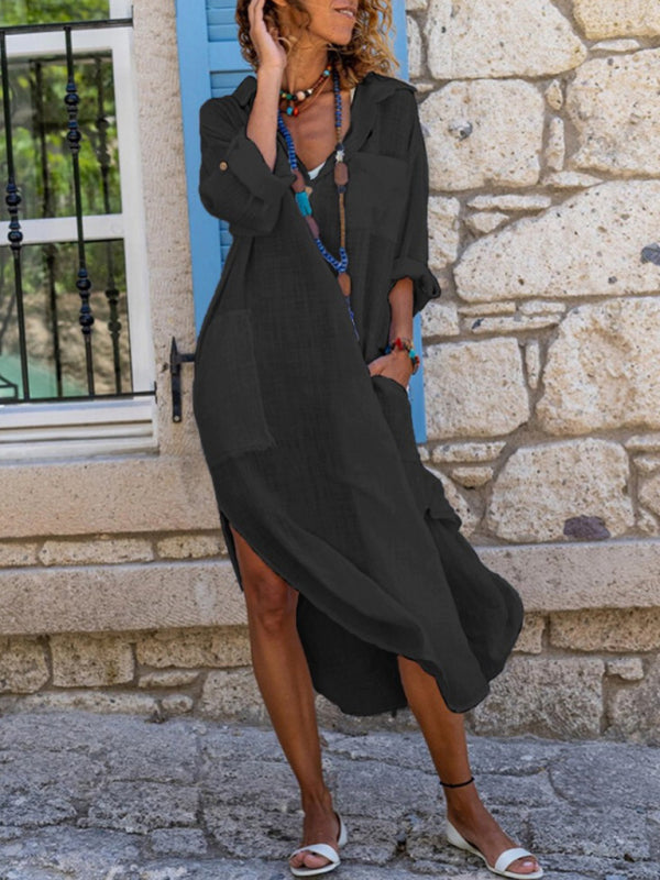 Solid color buttoned slit loose breathable casual long shirt dress Shello's Creative Boutique