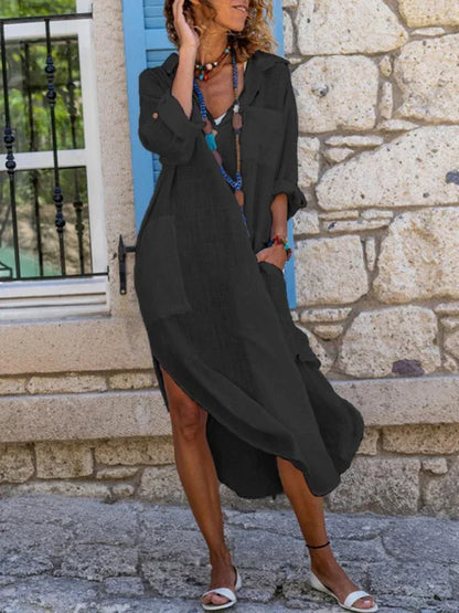 Solid Colour Buttoned Slit Loose Breathable Casual Long Shirt Dress - Shello's Creative Boutique