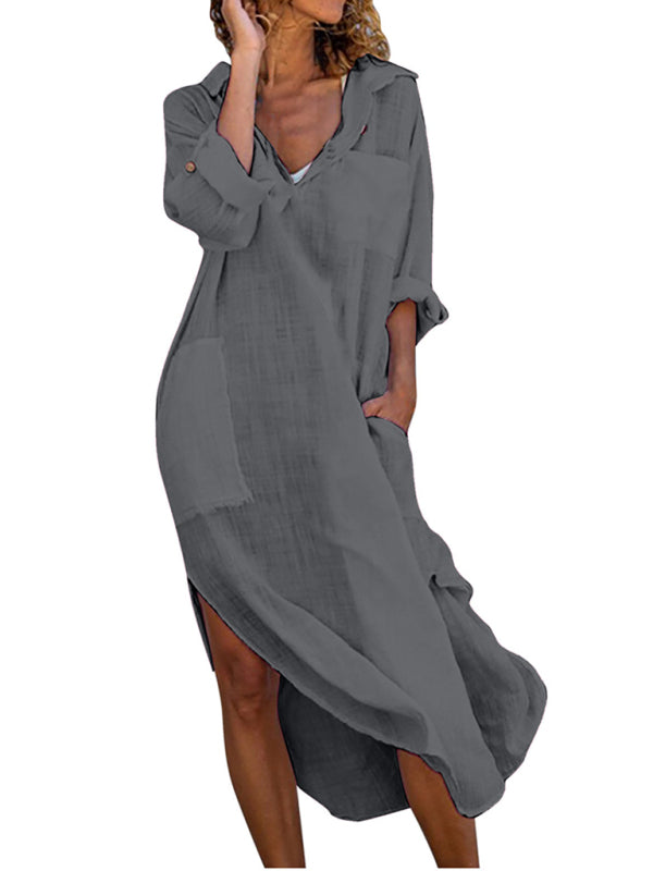 Solid color buttoned slit loose breathable casual long shirt dress Shello's Creative Boutique