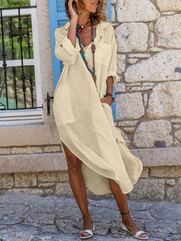 Solid color buttoned slit loose breathable casual long shirt dress Shello's Creative Boutique