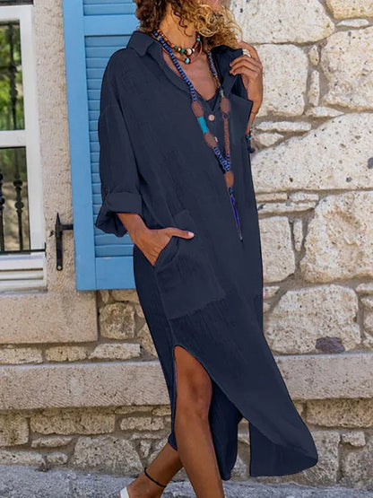 Solid Colour Buttoned Slit Loose Breathable Casual Long Shirt Dress - Shello's Creative Boutique
