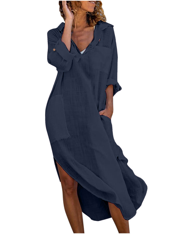 Solid color buttoned slit loose breathable casual long shirt dress Shello's Creative Boutique