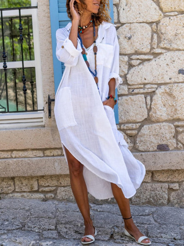 Solid color buttoned slit loose breathable casual long shirt dress Shello's Creative Boutique
